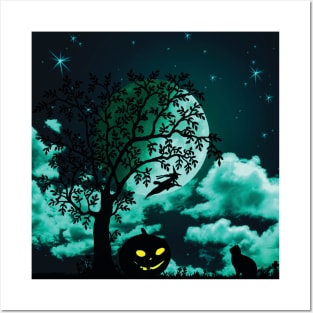 Halloween Cat Under Moonlight and Stars Posters and Art